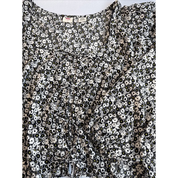 Levi's Women's Plus Bk/Wt Daisy Floral Print Embry Tie Long‎ Puff Sleeve Sz 3X - Picture 1 of 10